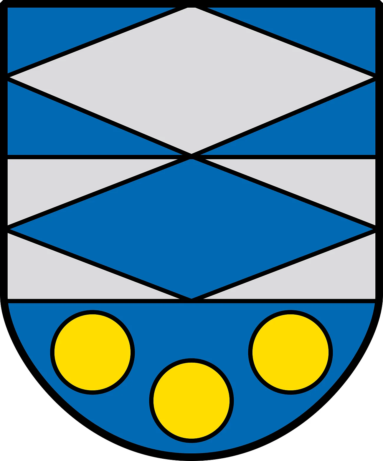 Das Wappen des Monheimer Stadtteils Warching. Auf dem Wappen ist eine graue Raute auf blauem Hintergrund und eine blaue Raute auf grauem Hintergrund, mit einem hellblauem Punkt in der Mitte der Raute zu sehen. Unten auf dem Wappen sind drei gelbe Kreise auf blauem Hintergrund zu sehen.
