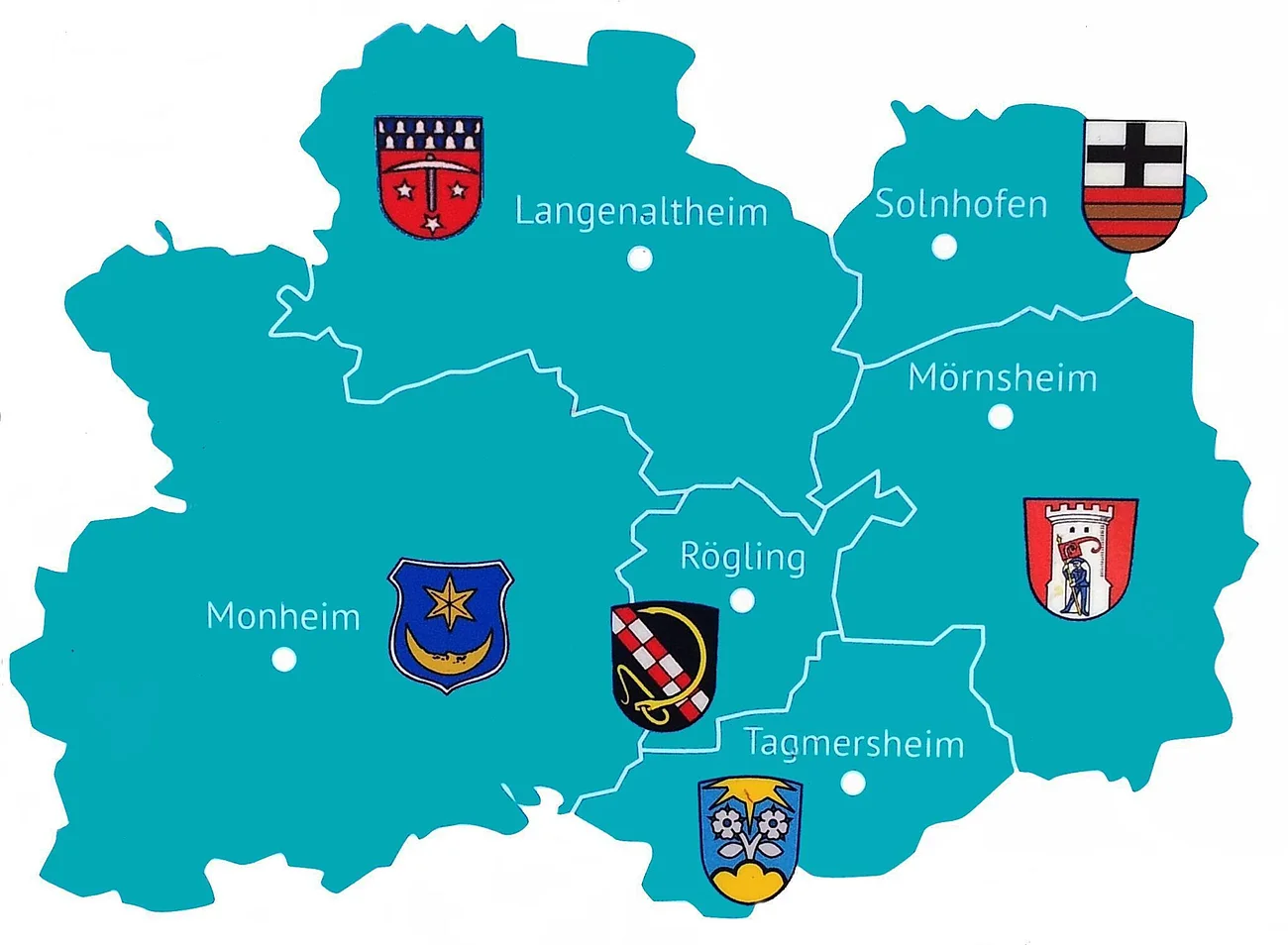 Karte der "Sechs im Drei-Länder-Eck" mit den dazugehörigen Orten Langenaltheim, Solnhofen, Mörnsheim, Monheim, Rögling und Tagmersheim. Auf der blau-grünen Karte sind die jeweiligen Wappen zu sehen.