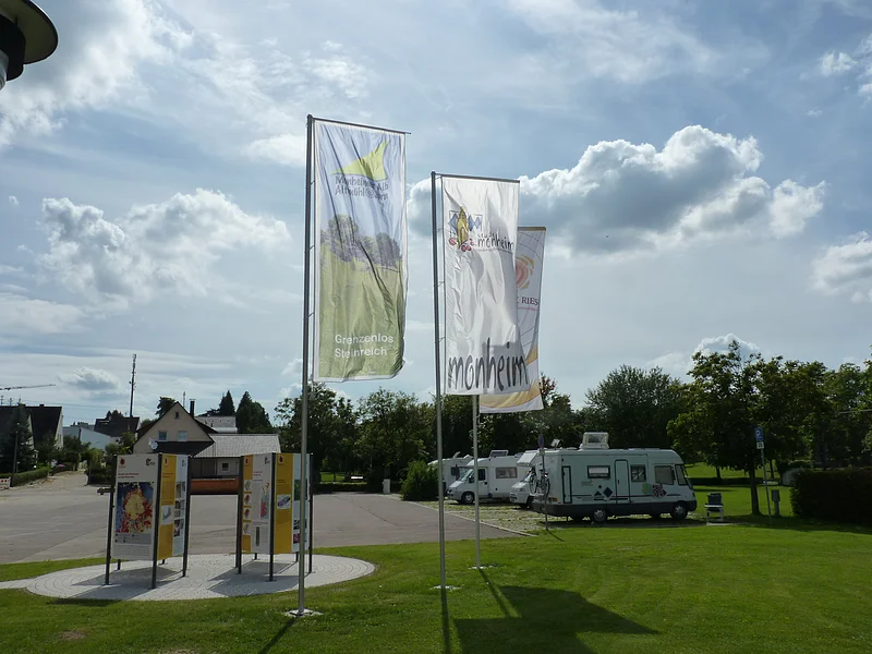 Wohnmobilstellplatz Monheim Drei Fahnen wehen im Wind, daneben stehen Informationstafeln auf einer Wiese. Im Hintergrund sind Wohnmobile und Bäume zu sehen.