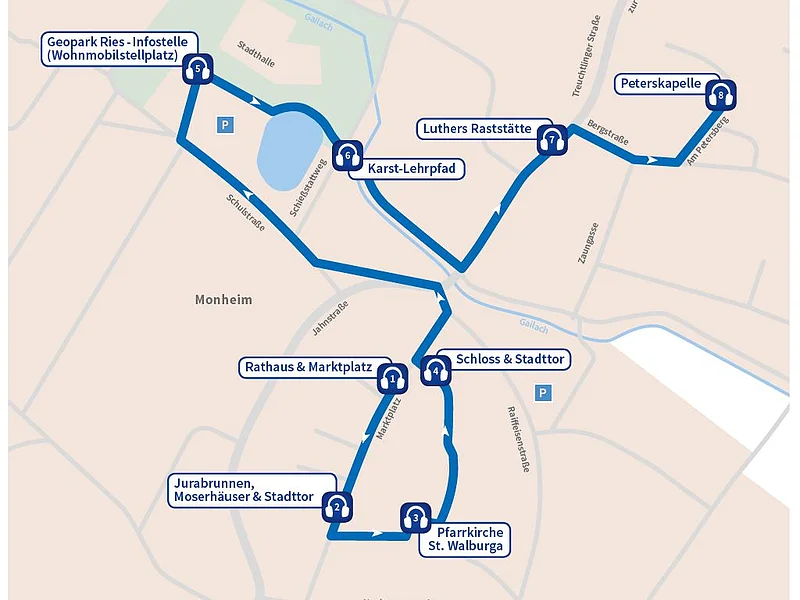 Karte mit einer Rundroute durch Monheim mit acht Lauschtour-Punkten und deren Bezeichnungen sowie Straßenverlauf.