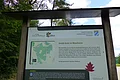 Ein überdachtes Informationsschild aus Holz im Wald mit Text über den Stadtwald Monheim und einer Karte des Waldgebiets.