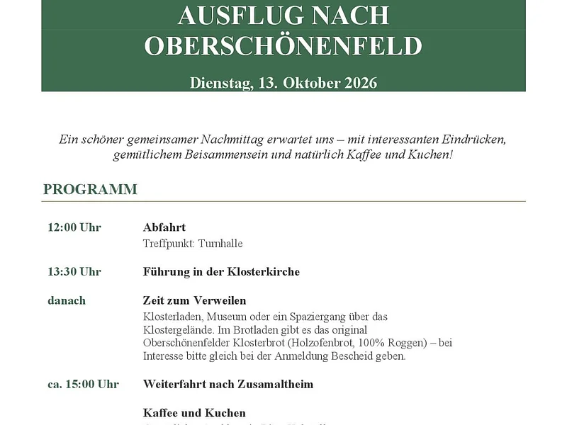 Einladung zum Zamsei Auflug 2026. Programm für Ausflug nach Oberschönenfeld am 13. Oktober 2026 mit Abfahrt, Führung, Zeit zum Verweilen, Kaffee und Kuchen.