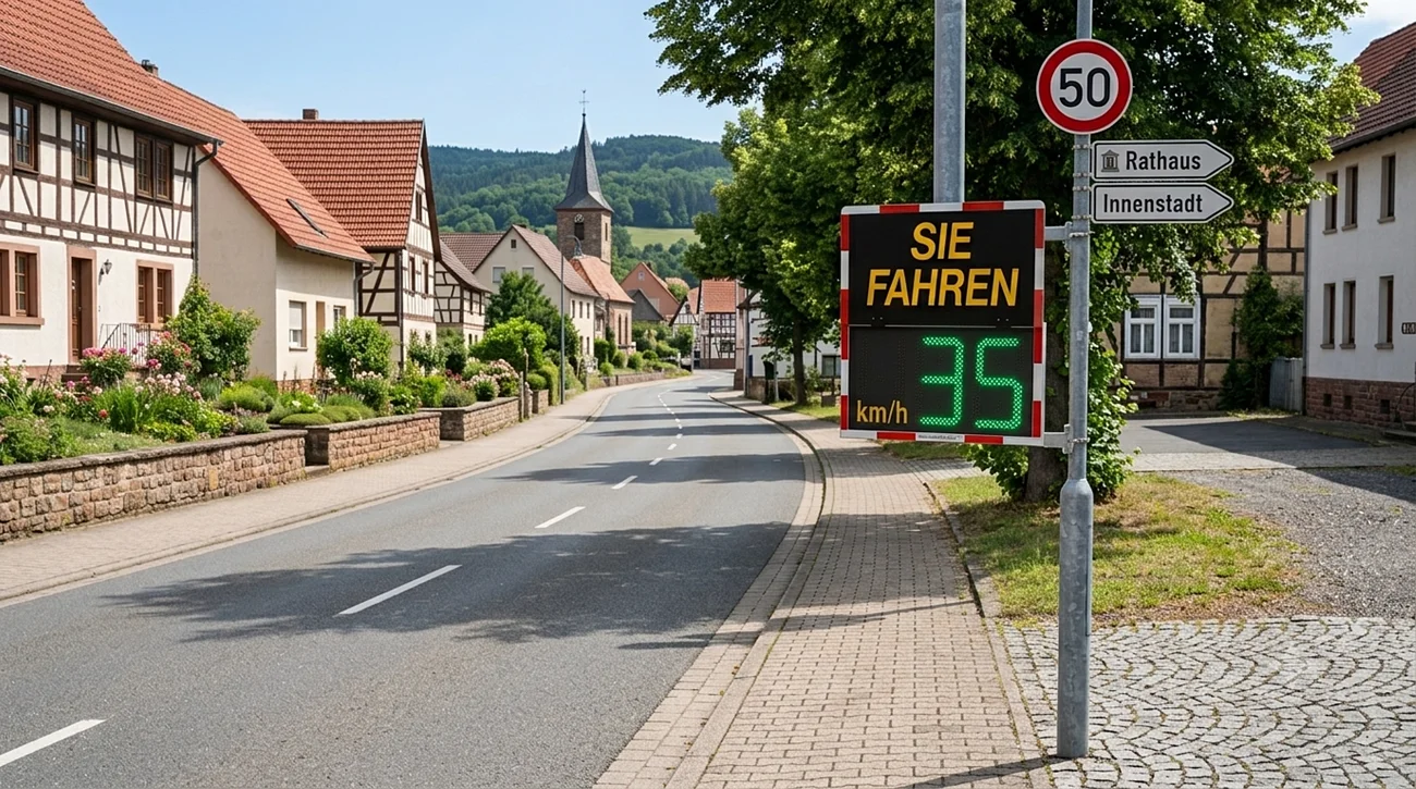 KI-generiertes Bild einer Ortsdurchfahrt mit Fachwerkhäusern links, rechts am Gehweg steht eine digitale Geschwindigkeitsanzeige mit 35 km/h auf dem Display. Daneben ist ein Verkehrsschild mit vorgeschriebener Geschwindigkeit von 50 km/h. Darunter Wegweiser zum Rathaus und zur Innenstadt.