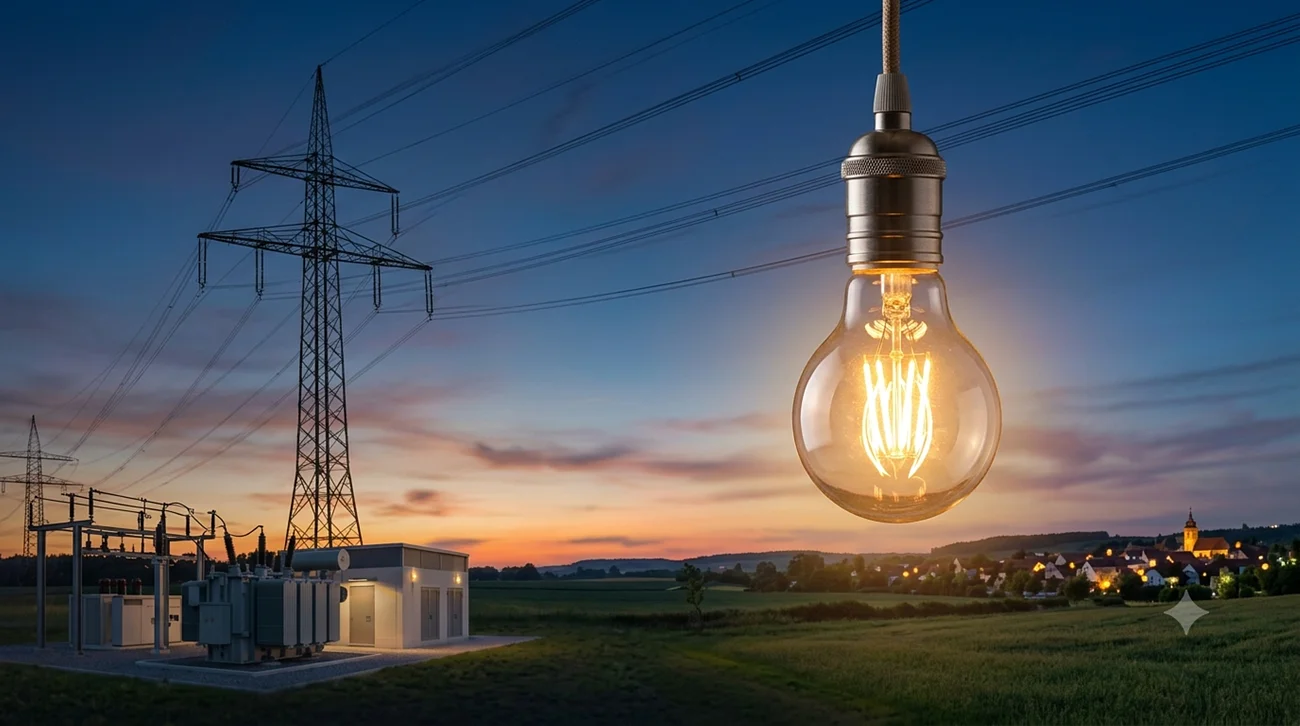 Leuchtende Glühbirne im Vordergrund, vor Strommast und Umspannwerk bei Sonnenuntergang in ländlicher Umgebung rechts im Bild.