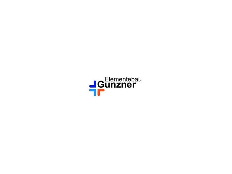 Logo mit dem Schriftzug „Elementebau Gunzner“ und einem farbigen Kreuz aus blauen und roten Linien