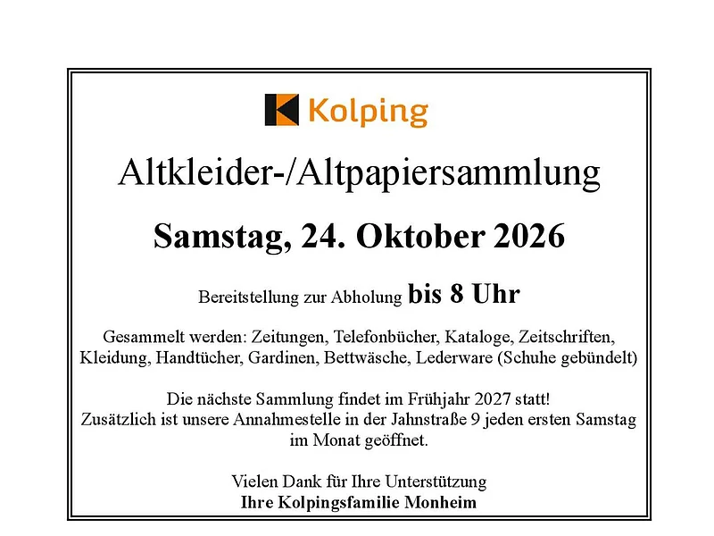 Plakat zur Altkleider- und Altpapiersammlung am Samstag, 24. Oktober 2026, Bereitstellung bis 8 Uhr, Kolpingsfamilie Monheim.