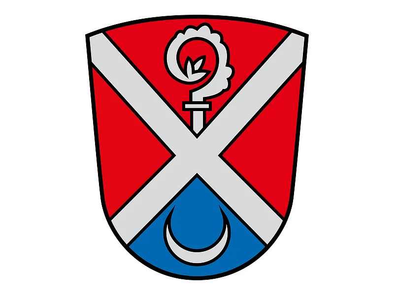 Wappen des Monheimer Stadtteils Ried mit rotem Hintergrund, silbernem Schrägkreuz, Bischofsstab und blauem Feld mit einem silbernen Halbmond unten.