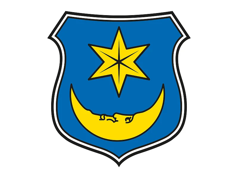 Das Wappen von der Stadt Monheim: mit einem gelbem Stern oben und einem gelbem Halbmond unten auf blauem Hintergrund. Schwarz/weiße Umrandung.