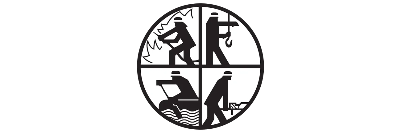 Feuerwehr RLBS-Logo Ein ovales RLBS-Logo der Feuerwehr mit vier Piktogrammen: Feuerwehrmann bei der Feuerbekämpfung, technische Hilfeleistung, Wasserrettung und allgemeine Rettung.