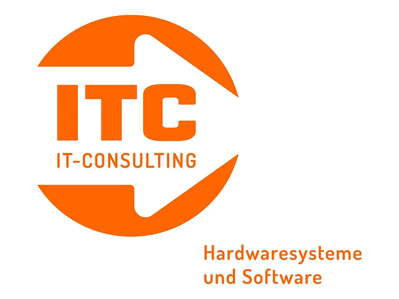 Logo mit weißem Pfeil auf orangefarbenem Kreis und orangefarbenem Schriftzug in Großbuchstaben darin "ITC IT-CONSULTING". Darunter rechts unten im Eck der Schriftzug in orange "Hardwaresysteme und Software" auf weißem Hintergrund.