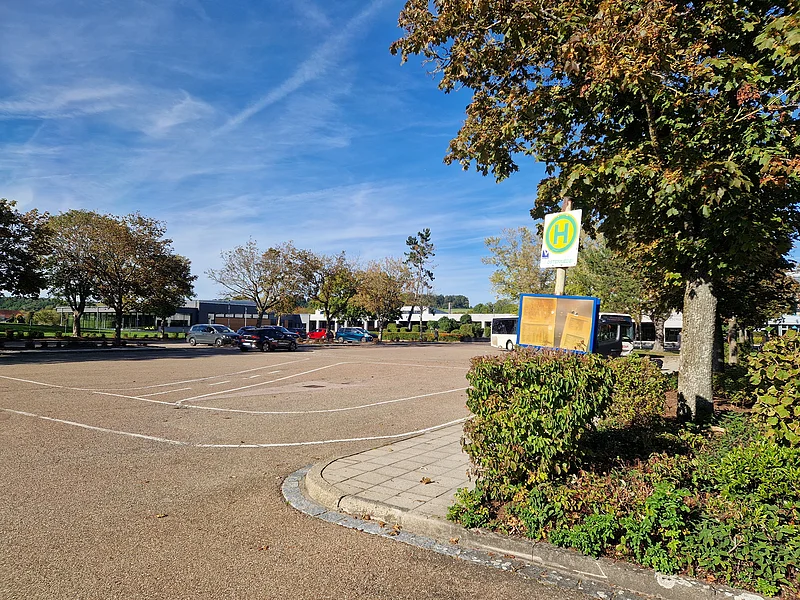 Parkplatz mit Büschen, Bäumen, mehreren geparkten Autos und einem Bushaltestellenschild im Vordergrund bei klarem Himmel.