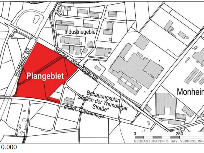 Kartenausschnitt mit rotem Plangebiet südlich der Wemding Straße in Monheim, Maßstab 1:10.000.