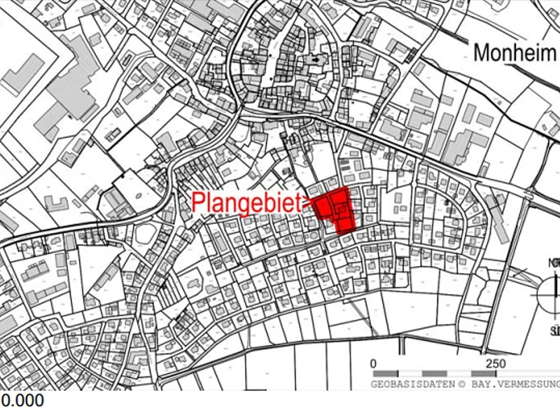 Schwarz-weiße Stadtkarte von Monheim mit rot markiertem Plangebiet und Maßstab 1:10.000.