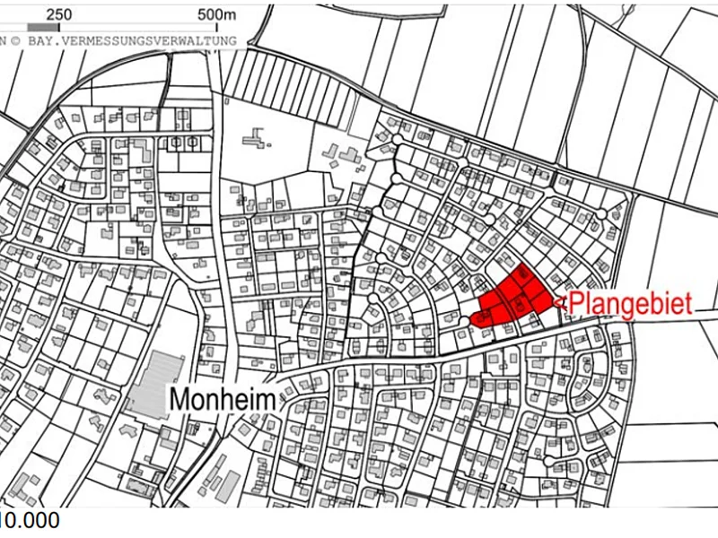 Schwarz-weiße Karte von Monheim mit rot markiertem Plangebiet in der Straße "Am Krautgarten" im Osten. Maßstab 1:10.000, Nord-Süd-Ausrichtung.