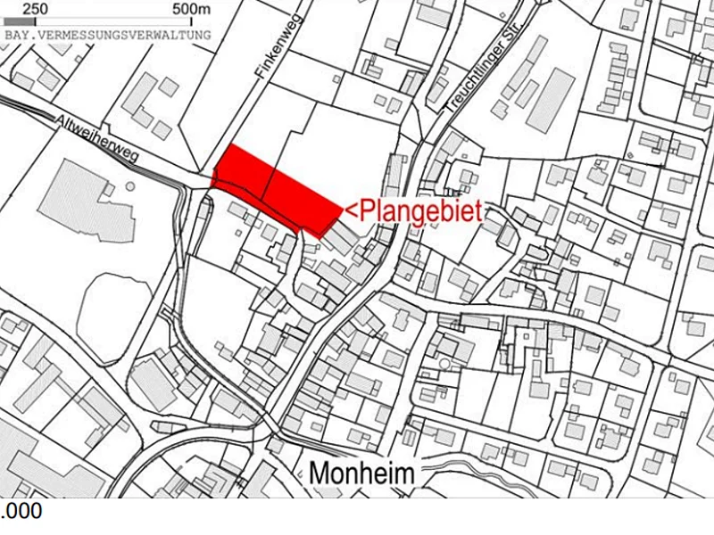 Kartenausschnitt von Monheim mit markiertem Plangebiet in Rot im Bereich des Altweiherweges und des Finkenweges. Maßstab 1:10.000