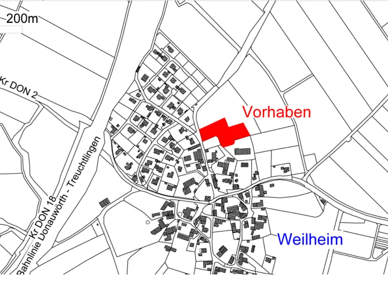 Kartenausschnitt zeigt Weilheim mit markiertem Vorhaben in Rot nördlich des Ortszentrums und Straßenbeschriftungen.