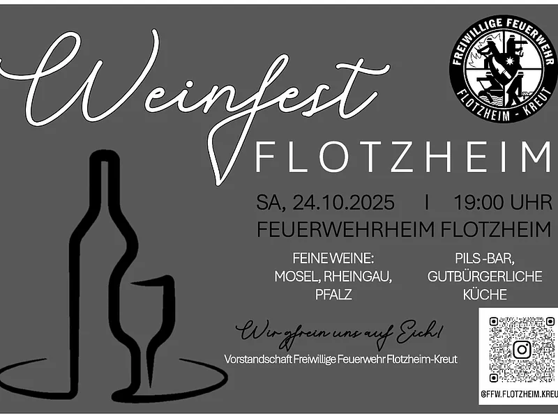 Schwarzes Plakat mit weißem Text zum Weinfest Flotzheim am 24.10.2025 um 19 Uhr im Feuerwehrheim Flotzheim.