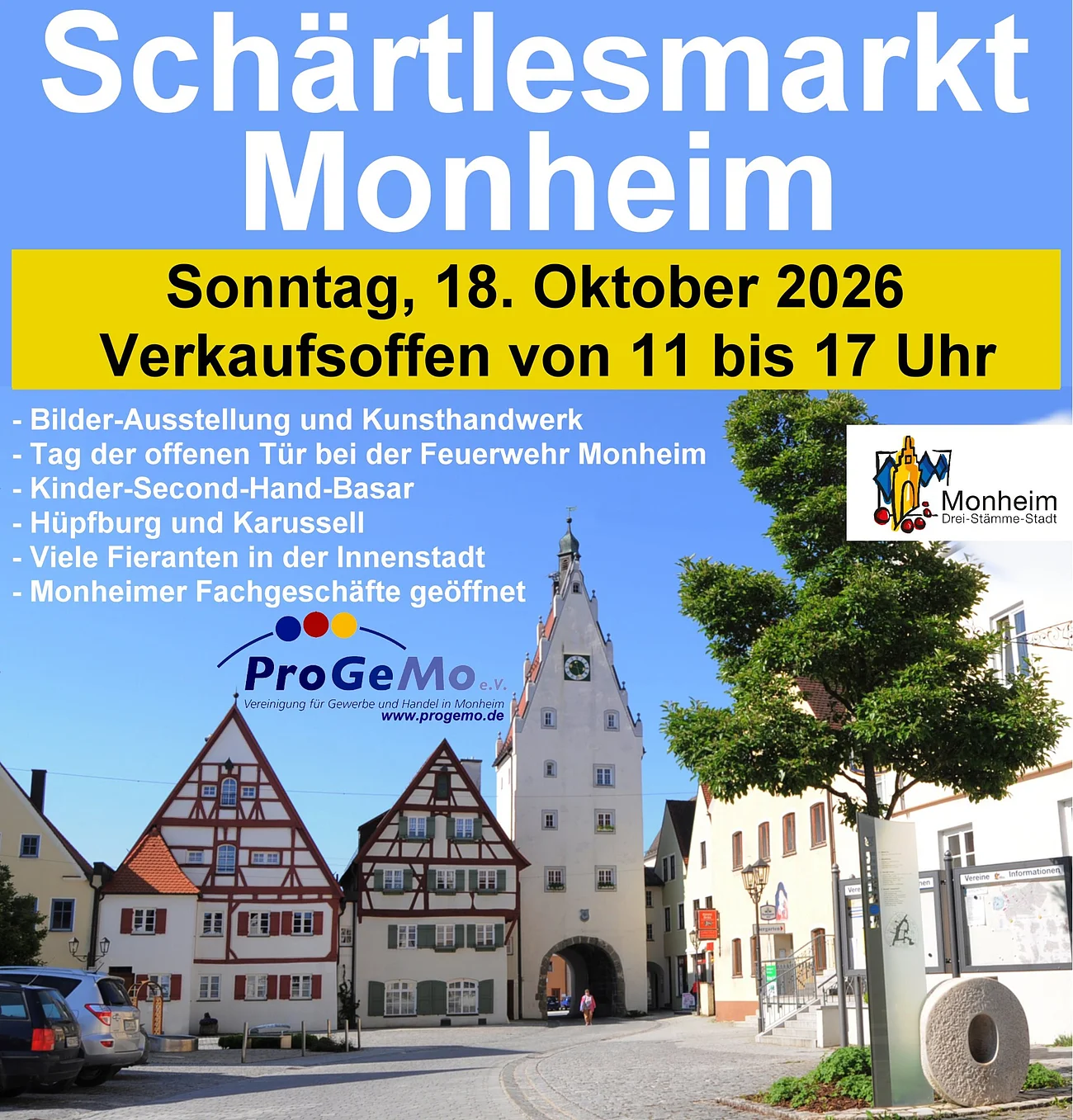 Altstadt von Monheim mit historischem Tor und Fachwerkhäusern bei Sonnenschein, Text & Programm vom Schärtlesmarkt in Monheim am 18.10.2026