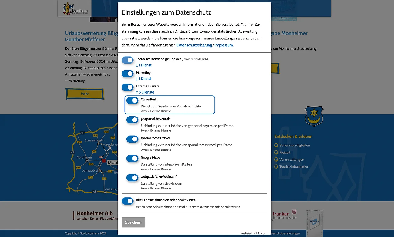 Aktivierung von „Cleverpush“ für Push-Nachrichten der Stadt Monheim Cookie-Einstellungen auf der Webseite der Stadt Monheim mit Optionen für technisch notwendige Cookies, Marketing und externe Dienste zur Einrichtung der Push-Nachrichten.