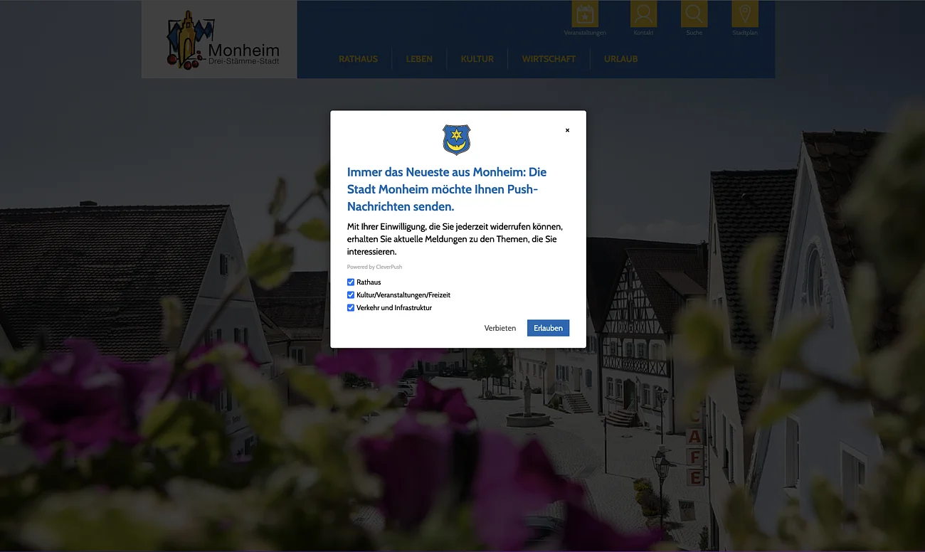 Erlaubnis-Abfrage für Push-Nachrichten der Stadt Monheim Pop-up-Fenster mit Angebot zur Aktivierung von Push-Nachrichten der Stadt Monheim zu Themen wie Rathaus/Kultur/Veranstaltungen/Freizeit/Verkehr/Infrastruktur.