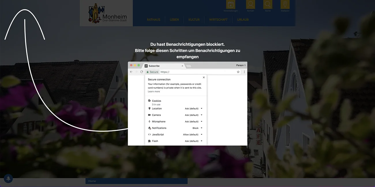 Beispiel der browserspezifischen Anleitung für Push-Nachrichten Screenshot einer Webseite mit Hinweis zur Aktivierung von Benachrichtigungen im Browser und einer weißen Pfeilmarkierung nach oben links.