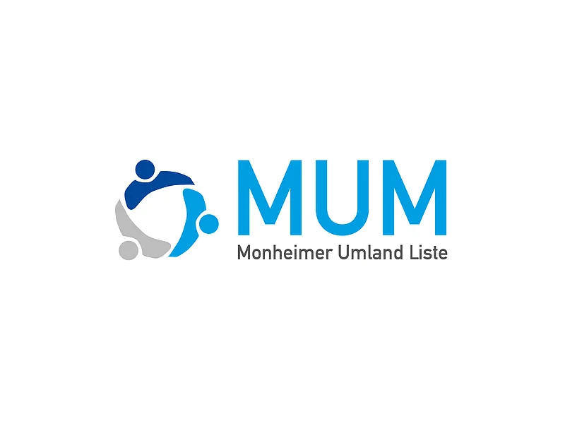 Logo der Monheimer Fraktion MUM - Monheimer Umland Liste, mit drei stilisierten Figuren in blau und grau. Rechts davon der Text "MUM Monheimer Umland Liste".