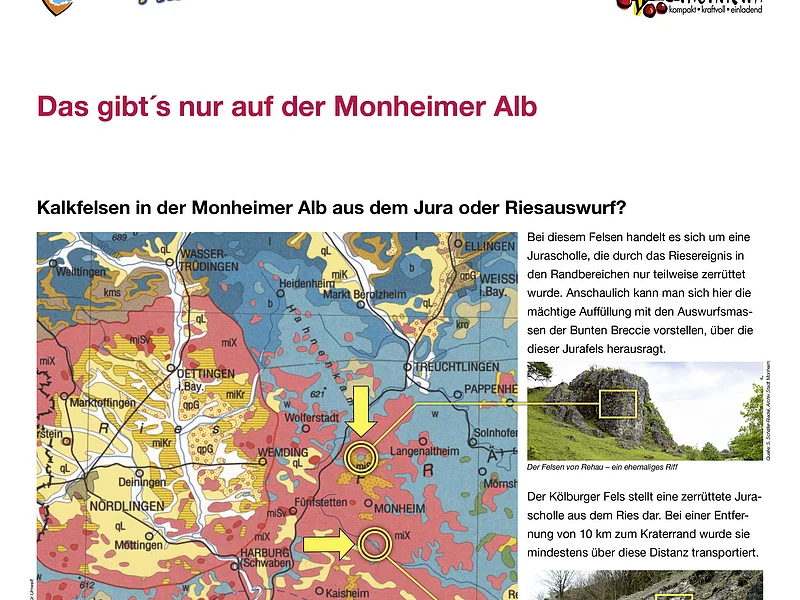 Geopark Infostelle Monheim Eine Informationstafel über die Monheimer Alb mit Karten, Texten und Bildern zu Kalkfelsen und Dolinen. Oben rechts im Eck das Logo der Stadt Monheim, oben links das Logo der Monheimer Alb.
