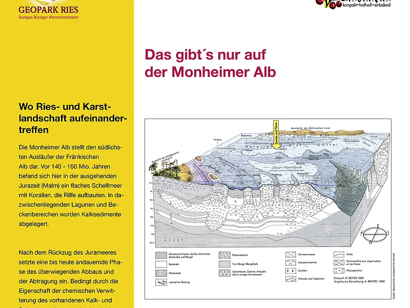 Geopark Infostelle Monheim Eine Informationstafel darüber wo in der Monheimer Alb Ries und Karst landschaftlich aufeinandertreffen, mit Bildern und Texten zur Geologie und Fossilienfunden. Oben rechts im Eck das Logo der Stadt Monheim, oben links das Logo vom Geopark Ries.