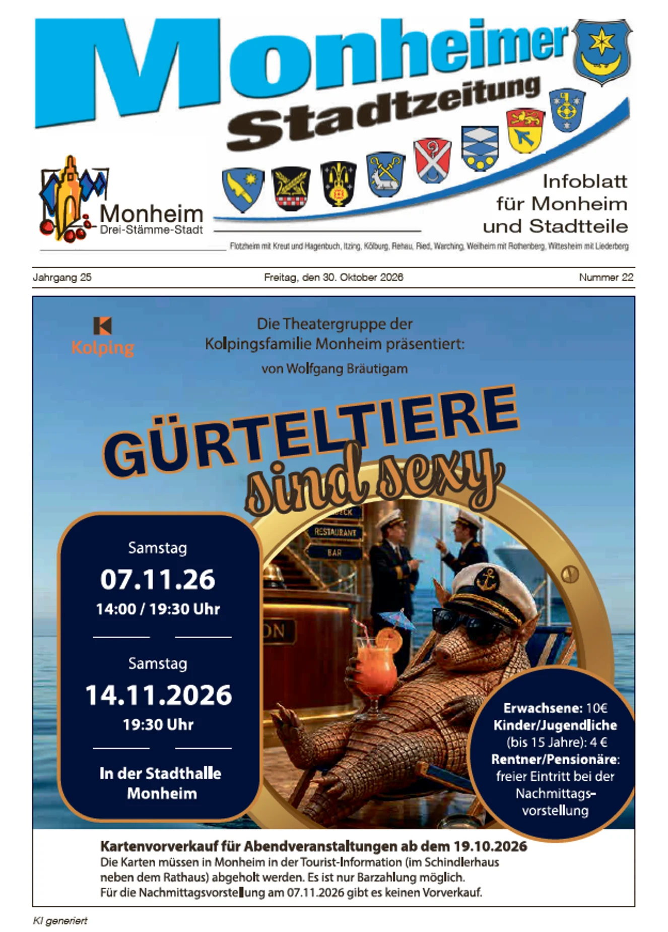 Titelblatt der Monheimer Stadtzeitung vom 30. Oktober 2026 mit der dazugehörigen Überschrift in blau/schwarz, Wappen der Stadt Monheim und der dazugehörigen Stadtteile und mit dem Logo der Stadt Monheim. Auf der Titelseite die Ankündigung des Kolping Theaters "Gürteltiere sind sexy" am 07. und 14.11.2026. Auf dem Bild ist ein Gürteltier mit Seemannsmütze abgebildet