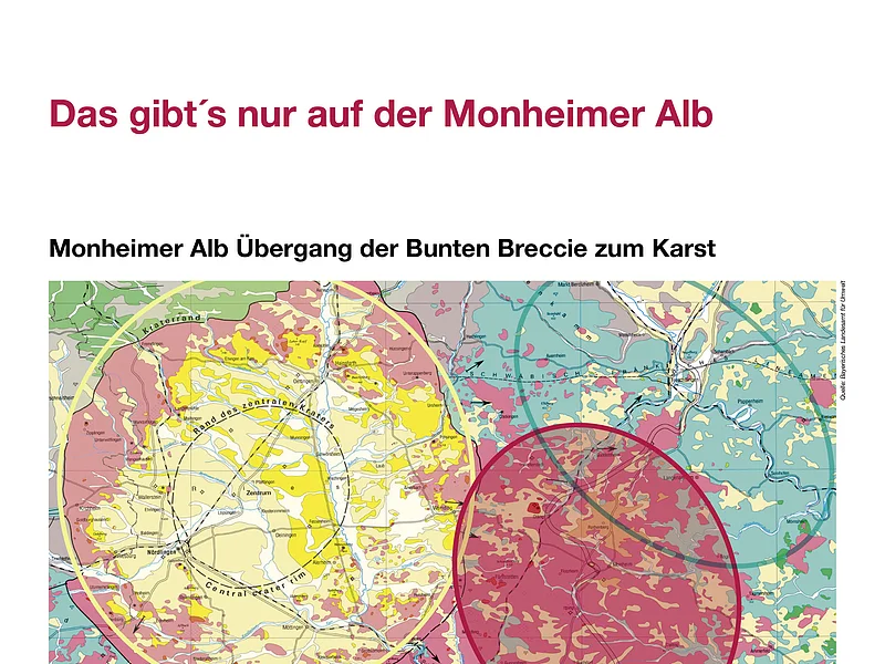 Geopark Infostelle Monheim Eine Informationstafel zeigt eine geologische Karte mit Legende über den Übergang der bunten Breccie zum Karst in der Monheimer Alb. Informationen über Bäche, die im Untergrund verschwinden. Oben rechts im Eck das Logo der Stadt Monheim, oben links das Logo der Monheimer Alb.