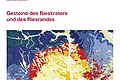 Geopark Infostelle Monheim Informationstafel mit einer Karte der Gesteine des Rieskraters und Riesrandes mit Legende und Erklärungen zu verschiedenen Gesteinsarten und Sedimenten. Oben rechts im Eck das Logo der Stadt Monheim, oben links das Logo vom Geopark Ries.