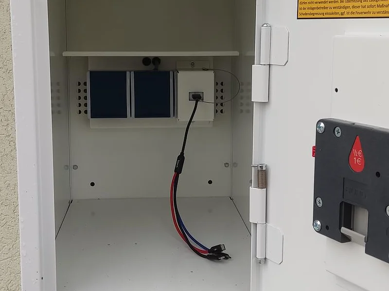 Offener weißer Metallkasten, eine E-Bike Ladestation zeigt die Innenausstattung mit Kabeln und Steckdosen an einer Außenwand stehend, oberste Tür ist geöffnet.