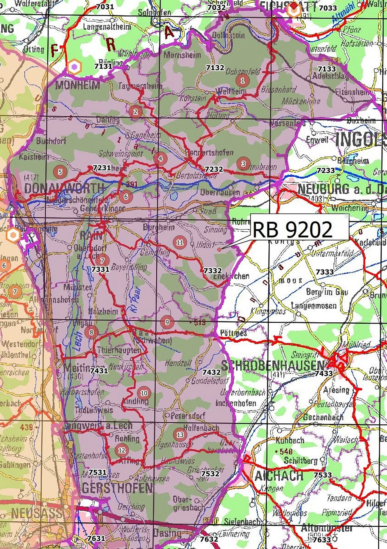 LDBV-Karte Höhenmessungen Kartenausschnitt mit Gebiet RB 9202, markiert durch violette Umrandung, zeigt Orte und Straßen im süddeutschen Raum.