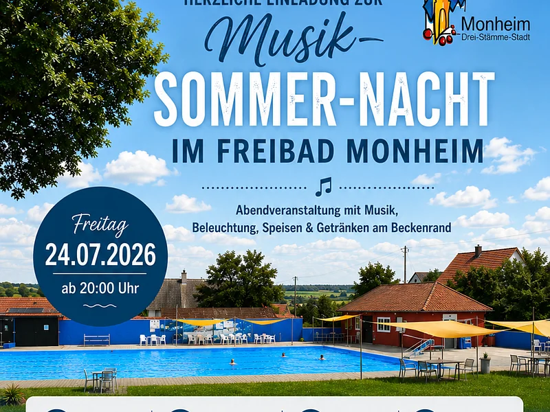 "Musik-Sommer-Nacht" im Freibad Monheim Schwimmbad mit Pool, Bäumen und Sitzbereichen unter blauem Himmel, Text zur Musik-Sommer-Nacht am 24.07.2026 in Monheim