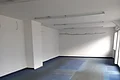 Leerer Raum mit weißen Wänden, blaugrauem Teppichboden und mehreren Deckenleuchten, Fenster rechts.