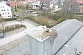 Zwei Störche in und an einem Nest auf einem hohen Sägespanbunker, mit einer Kleinstadt mit Häusern, Straßen, Bäumen und Parkplätzen im Hintergrund.