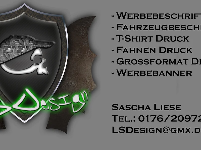 Logo mit Schild und Text LSDesign, daneben Liste von Druckleistungen und Kontaktdaten von Sascha Liese auf grauem Hintergrund.