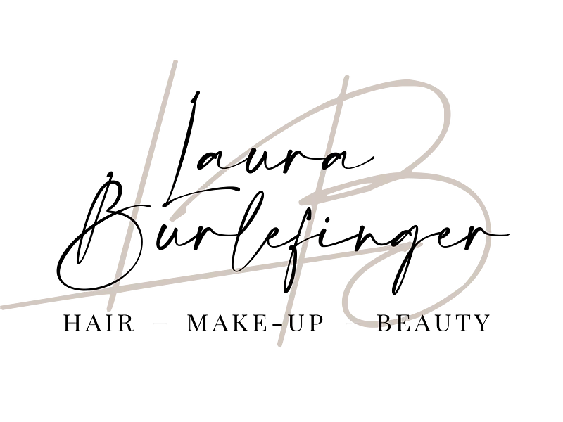 Laura Burlefinger Logo Hair - Make-up - Beauty Logo mit den hinter gestellten Buchstaben L und B in geschwungener, beiger Handschrift. Davor der Schriftzug ebenfalls in schwarzer geschwungener Handschrift "Laura Burlefinger" und darunter Stichpunkte Hair - Make-up - Beauty in schwarzen Großbuchstaben.