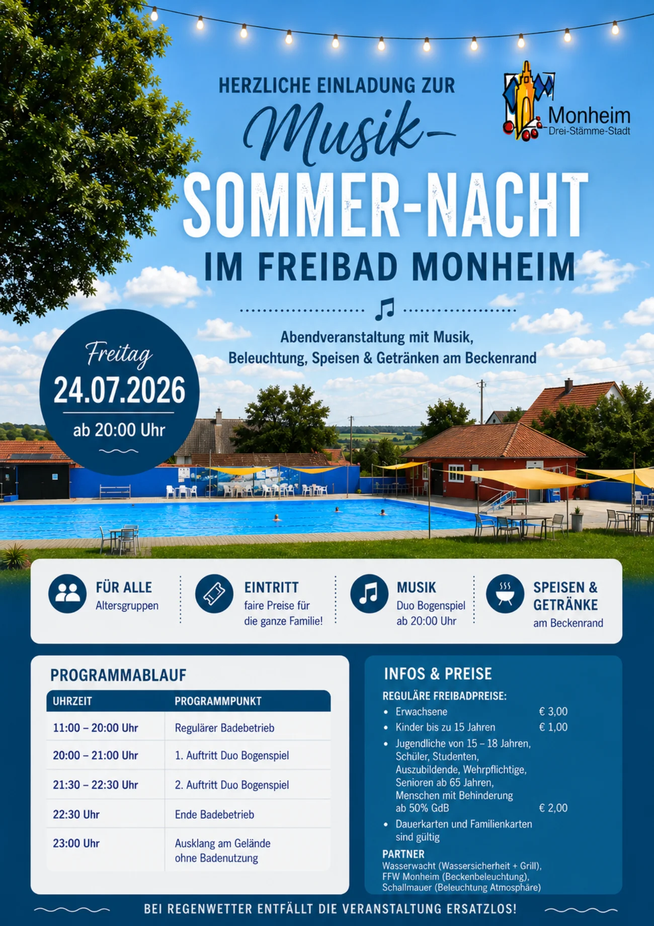 "Musik-Sommer-Nacht" im Freibad Monheim Schwimmbad mit Pool, Bäumen und Sitzbereichen unter blauem Himmel, Text zur Musik-Sommer-Nacht am 24.07.2026 in Monheim
