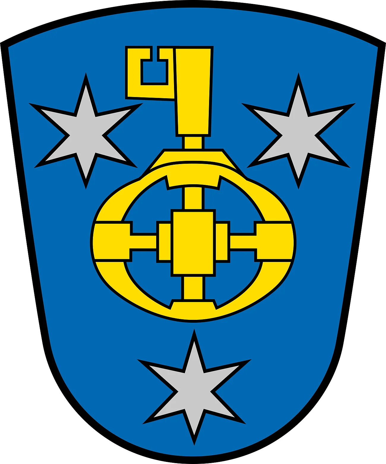 Das Wappen von Wittesheim Wappen vom Monheimer Ortsteil Wittesheim, mit blauem Hintergrund, darauf drei silberne Sterne und ein gelbes Zahnrad mit Schlüssel in der Mitte.