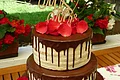 "Naked Cake" Café Wenninger Dreistöckige Hochzeitstorte mit runterlaufender Schokoladenglasur auf allen drei Stockwerken, drei roten Rosen unten und dem Schriftzug „Mrs & Mrs“ aus Holz obenauf. Im Hintergrund ein Garten mit bepflanzten Blumentöpfen und grüner Wiese.