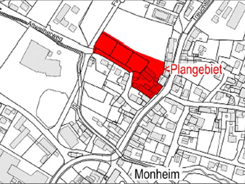 Kartenausschnitt von Monheim mit rot markiertem Plangebiet im Bereich nördlich des Altweiherwegs und östlich der Treuchtlinger-Straße.