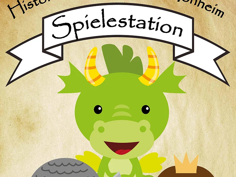 Gestaltetes Plakat in gelb mit Text „Historisches Stadtfest Monheim Spielestation“ und drei Illustrationen von Ritter, Drache und Prinzessin.