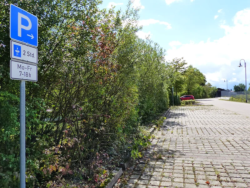 Parkplatz mit Parkscheibenpflicht von Montag bis Freitag, 7 bis 18 Uhr, auf gepflastertem Boden neben Büschen und Bäumen. Im Hintergrund ein rotes Auto zu sehen.