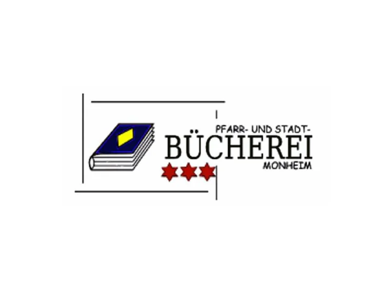 Logo mit einem blauen Buch und drei roten Sternen rechts davon eingerahmt in ein offenes Rechteck. Rechts davon der Text „Pfarr- und Stadtbücherei Monheim“.