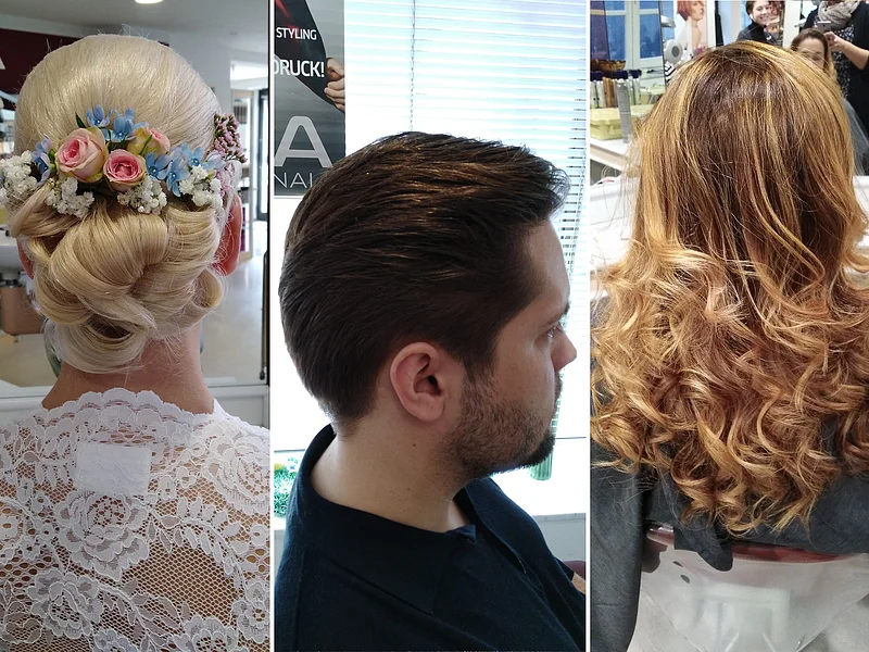Drei Frisuren: Hochgesteckte blonde Haare mit Blumen, kurze braune Haare seitlich geschnitten, lange gewellte hellbraune Haare von hinten.