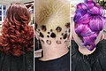 Drei Rückansichten von Frisuren, links rot gelockt, Mitte blond mit Tiermuster rasiert, rechts pink und lila gefärbt und hochgesteckt.