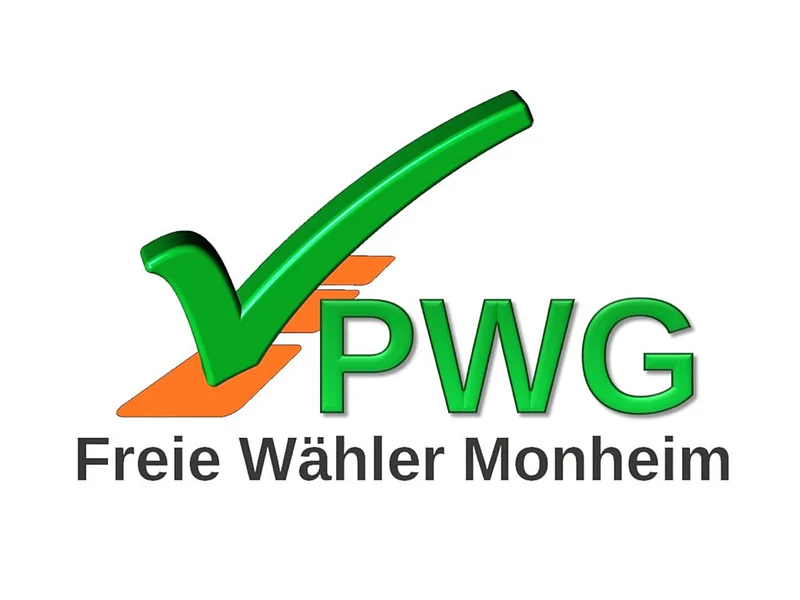 Logo der PWG Monheim: rechts im Bild steht PWG in grüner Schrift, darunter der Schriftzug Freie Wähler Monheim mit einem grünem Haken und drei orangefarbenen Rechtecken.