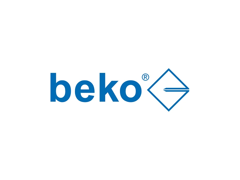 Logo der Firma "beko" in blauer Schrift auf weißem Hintergrund mit einem blauem nach rechts offenem schräg gestelltem Rechteck.