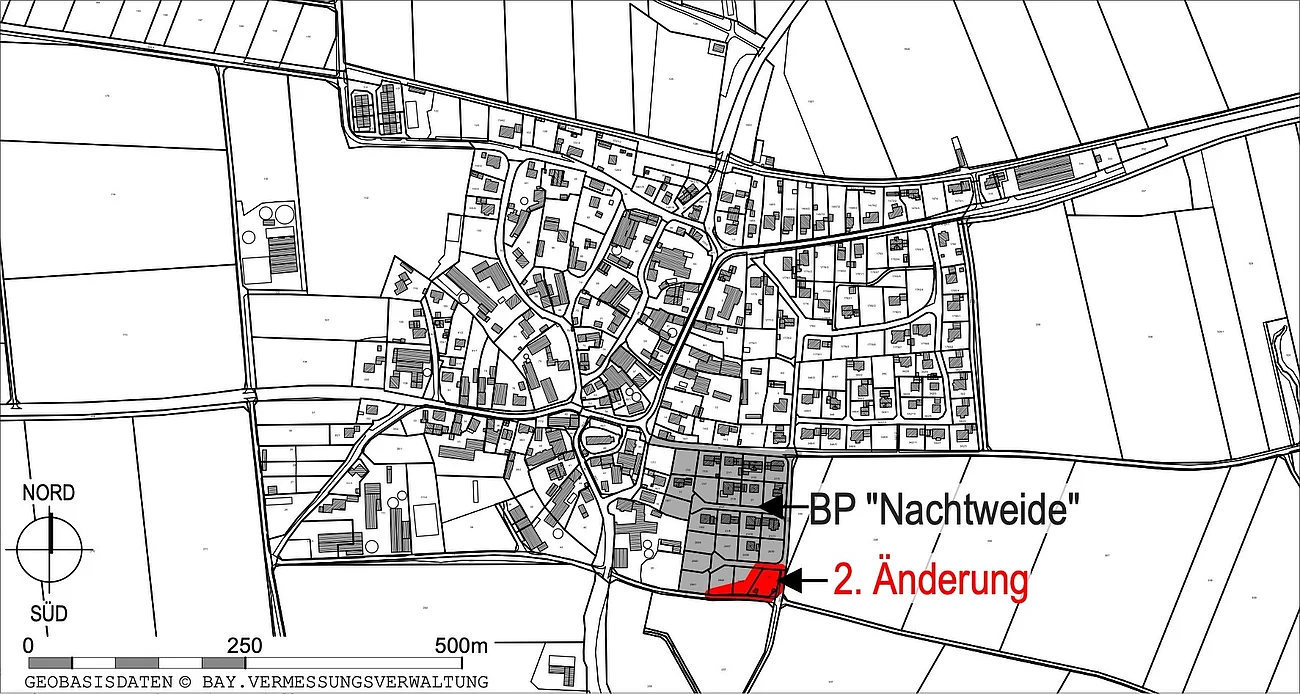 Schwarz-weiße Ortskarte mit markiertem Bereich „BP Nachtweide“ und roter Hervorhebung „2. Änderung“ im Südosten.